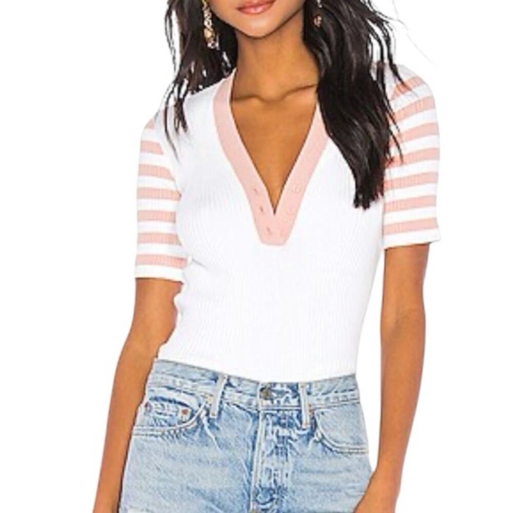 Amanda Uprichard Revolve Women's Rib Knit Melon Striped Front Button Top sz L